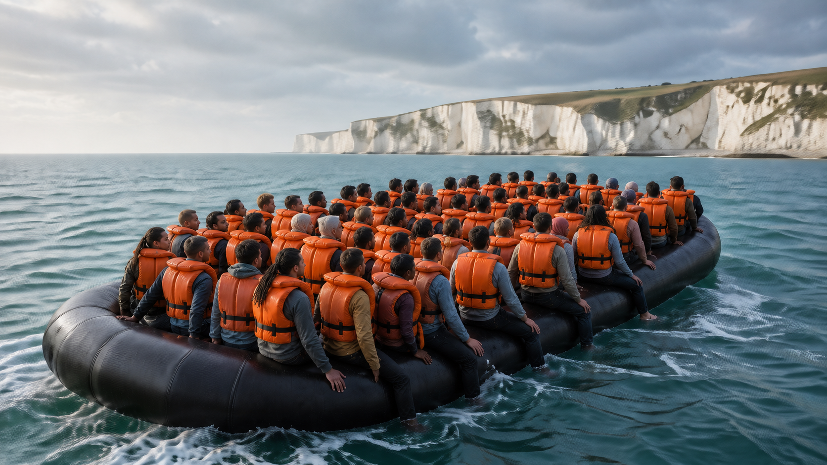 Megadinghy satire hero image showing a mixed group in an overcrowded black inflatable dinghy facing the white cliffs of Dover